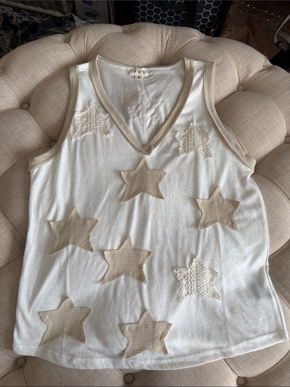 POL White Tank Top with Beige Star Appliqués NWOT